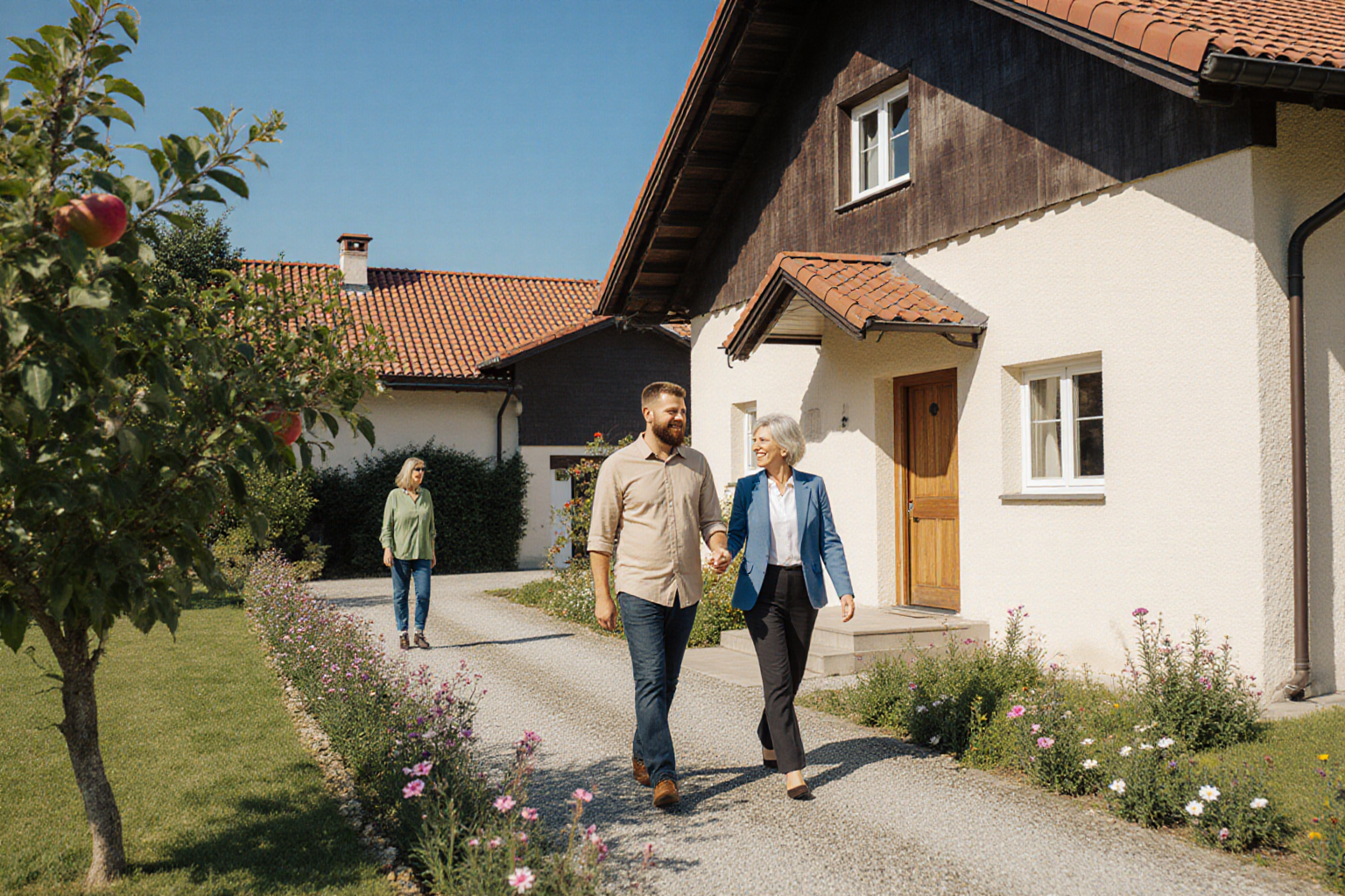 herzlicher Hausrundgang im offenen österreichischen Garten, ganze Köpfe und Hände, klare normale Architektur, Auto/Emblem vollständig entfernt