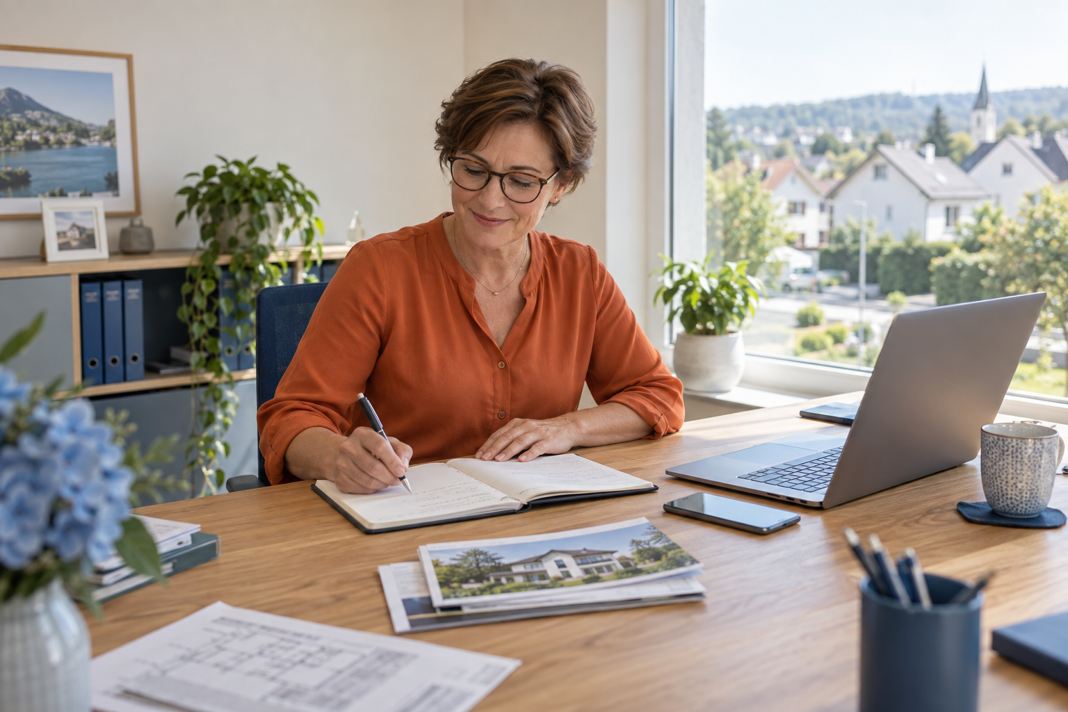 Frau organisiert am Schreibtisch ihre Immobilientermine